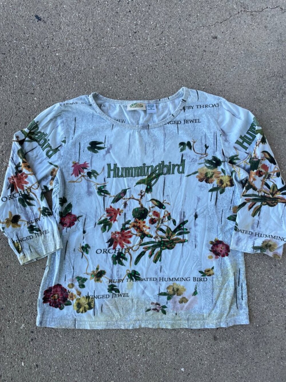 Vintage 90s Y2K Hummingbird 3/4 Sleeve Shirt Floral Cotton Artist Womens M